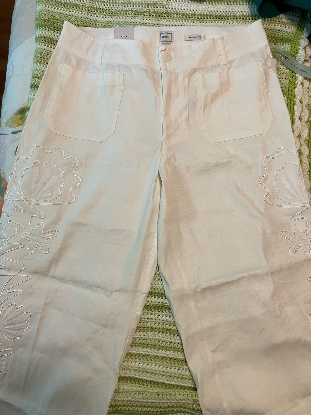 Anthropologie White Wide-Leg Embroidered Shell Pants